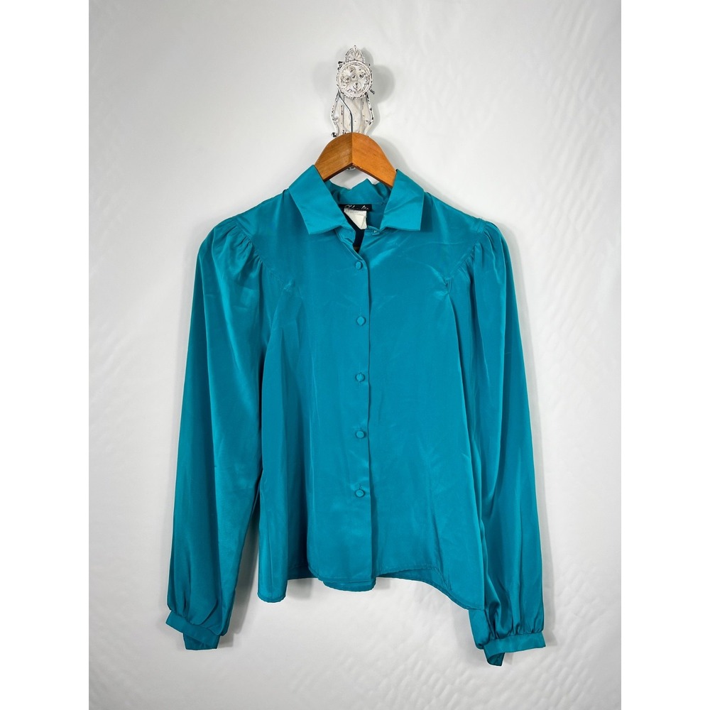 Charlie‎ California Blouse 7/8 Teal Blue Button-Up Puffed Sleeve Vintage 80s